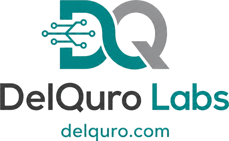 DelQuro Labs — main logo, teal D with circuits, silver Q, DelQuro wordmark